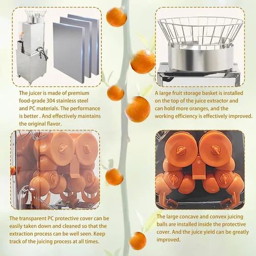 Vista 4 de Exprimidor de naranja comercial 110 V Vertical Orange Juice Extractor Machine Citrus Lemon Squeezer 20PCS/Min, con gabinete de acero inoxidable