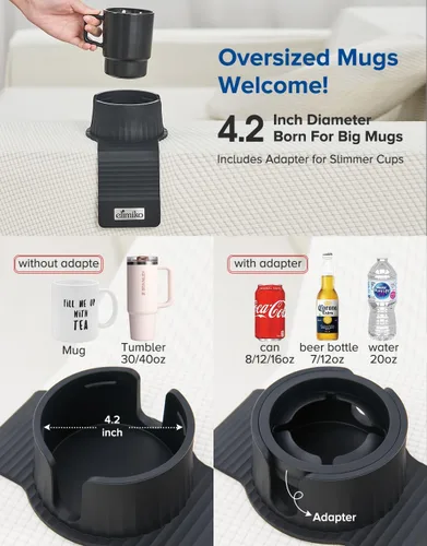 Vista 3 de Soporte para tazas de sofá, Elimiko, soporte de silicona para bebidas con soporte grande mejorado, para Negro