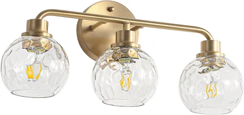 Vista 9 de Lámparas de baño doradas para tocador, 3 luces, apliques de pared, luces de latón cepillado con pantalla de vidrio martillado, lámpara de pared