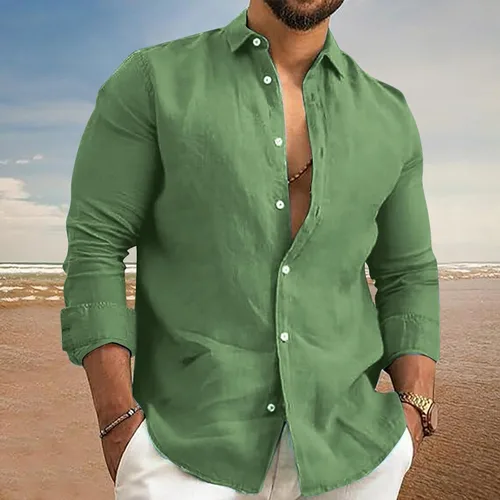 Vista 2 de Camisa de algodón y lino para hombre, manga larga, cuello liso, con botones, camiseta casual para playa y verano AG