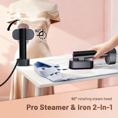 Vista 5 de Vaporizador para ropa, vaporizador de ropa 2 en 1 de mano, plancha de viaje, plancha de vapor de 6 niveles de 1200 W con pantalla LED, calentamiento