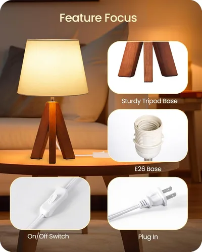 Vista 3 de Juego de 2 lámparas de mesa trípode pequeñas, lámpara moderna de mesita de noche con pantalla de tela, luz de escritorio de madera estilo bohemio