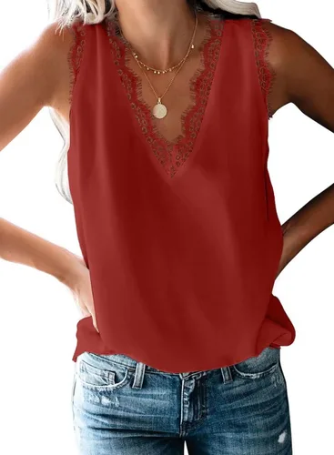 Vista 14 de BLENCOT Camiseta sin mangas con cuello en V para mujer, blusa de encaje, chaleco casual, camisola de verano Albaricoque