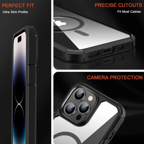 Vista 6 de TENDLIN Funda magnética compatible con iPhone 14 Pro Max [compatible con MagSafe] funda protectora transparente de parte trasera dura suave (negro)