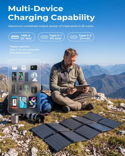 Vista 2 de Cargador de panel solar portátil BigBlue de 35W con carga rápida USB-A y USB-C PD de 25W para acampar, mochila, 0.7 kg, resistente al agua IP68