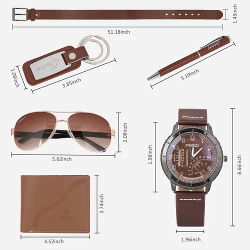 Vista 5 de Juego de regalo de 6 piezas para hombre con caja cinturón de cuero marrón cartera reloj lentes llavero bolígrafo aniversario cumpleaños día de San