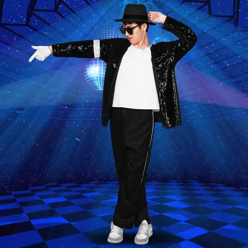 Vista 5 de DreamJ Disfraz de baile de lentejuelas para niños, disfraz de Halloween con chaqueta, camiseta, guante, juego de rol, disfraz de baile