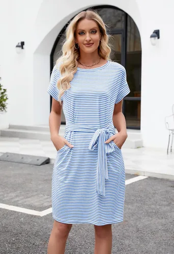 Vista 3 de MEROKEETY - Vestido de verano con manga corta, a rayas, casual, estilo camiseta, con lazo en la cintura y bolsillos, para mujer