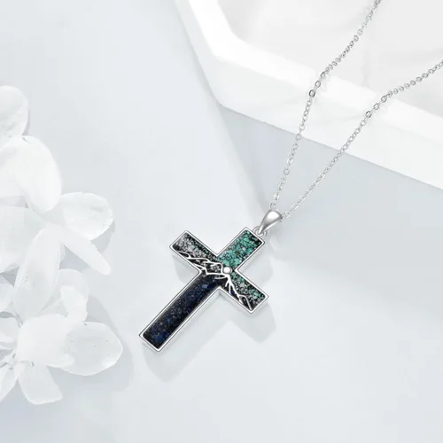 Vista 3 de YFN Collar de cruz de plata de ley, colgante de montaña y océano, joyería religiosa, regalos para mujeres y hombres