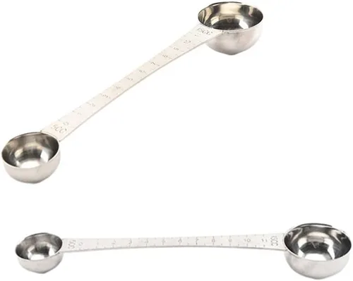 Vista 3 de Cucharas medidoras de café de acero inoxidable con mango largo, 1 cucharada y 1 cucharadita de cuchara de doble cabeza con marca para café en polvo