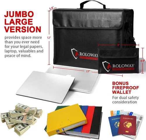 Vista 3 de ROLOWAY Bolsa de documentos ignífuga negra con 2 bolsillos y bolsa ignífuga grande (negro)