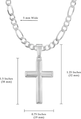 Vista 3 de Collar de plata de ley con colgante de cruz tradicional de 5mm para hombre. Cadena estilo Italiano Figaro