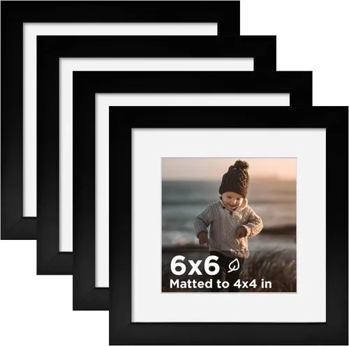 Vista 22 de KINLINK Juego de 4 portarretratos de 4 x 4, color negro, cuadrados de madera con plexiglás para 4 x 4 sin paspartú para mesa y pared