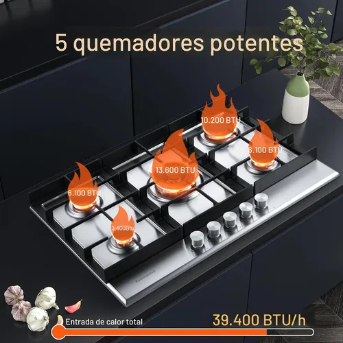 Vista 2 de Eascookchef Placa de cocina de gas de 30 pulgadas, estufa de gas con 5 quemadores de alta eficiencia, placa de cocina de propano de acero inoxidable