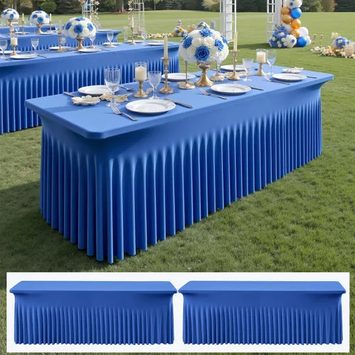 Vista 39 de Paquete de 2 manteles de elastano azul bebé de 6 pies con falda de mesa con volantes, manteles ajustables elásticos sin arrugas para mesas
