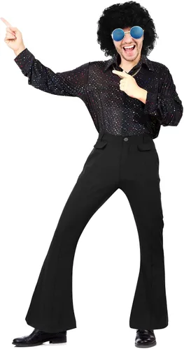 Vista 7 de Eurzom Conjunto de disfraz de discoteca que incluye camisa brillante con pantalón para hombre, peluca afro, collar, lentes de sol para fiesta