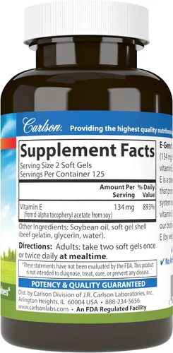 Vista 2 de Carlson E-Gems 200 UI (134 mg), vitamina E de origen natural, bienestar óptimo, 250 geles blandos