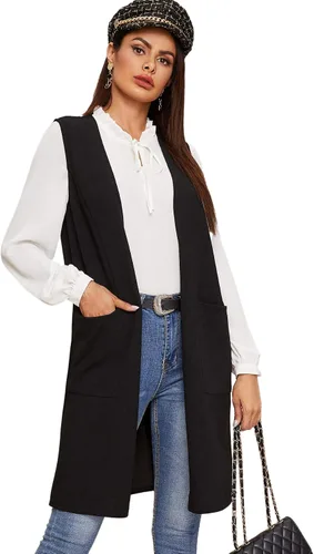 Vista 3 de SheIn Chaleco largo con frente abierto para mujer casual sin mangas ropa de abrigo larga con bolsillo