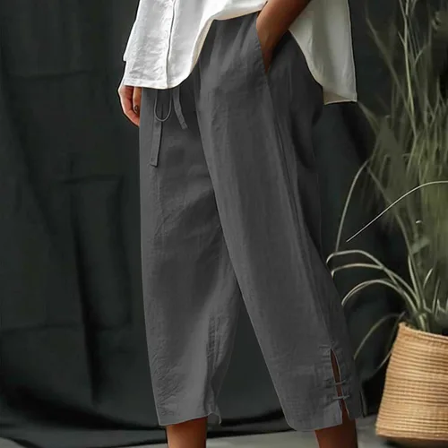 Vista 2 de Ceboyel Pantalones de lino para mujer, pantalones capri casuales de verano 2023, pantalones capri recortados, pantalones ligeros y cónicos, trajes