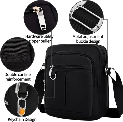 Vista 5 de Vaupan Bolso bandolera para hombre, pequeño bolso cruzado resistente al agua, bolso de hombro para viajes, escuela, trabajo, negocios (negro)