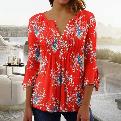 Vista 19 de Ceboyel Blusa tipo túnica con estampado floral para mujer, con botones, estilo Henley, con manga de codo, casual, trajes de moda para mujer