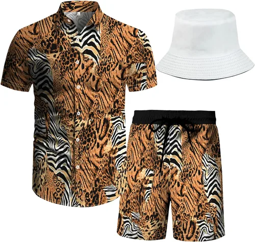 Vista 5 de RPOVIG Conjunto de playa a juego con camisas y pantalones cortos para hombre, ropa floral hawaiana para festival, conjuntos de 2 piezas con sombrero