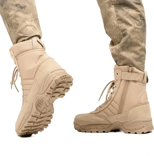 Vista 9 de Botas militares tácticas de trabajo para hombre, de piel negra, impermeables, para motocicleta, combate, militar, con cremallera lateral