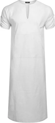 Vista 7 de COOFANDY - Bata de cuello en V de lino para hombre, manga corta, kaftán, thobe, túnica larga, camisa casual para playa, verano 01-Blanco