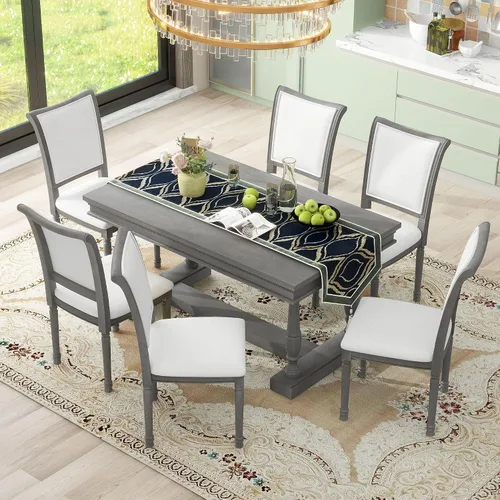 Vista 8 de RUNWON Juego de comedor retro de madera de 7 piezas con mesa extensible y 6 sillas tapizadas para el hogar, marrón antiguo y blanco Marrón