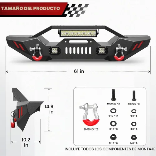 Vista 4 de Parachoques delantero compatible con Jeep Wrangler JK JL y Gladiator JT 2007-2025, parachoques de ancho completo todoterreno con placa