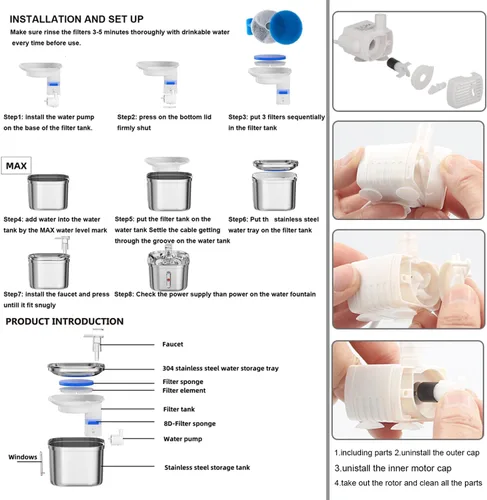 Vista 2 de Fuente de agua para gatos Homtyler, fuente de agua para mascotas de acero inoxidable para gatos en interiores, 3 filtros y bomba ultra silenciosa