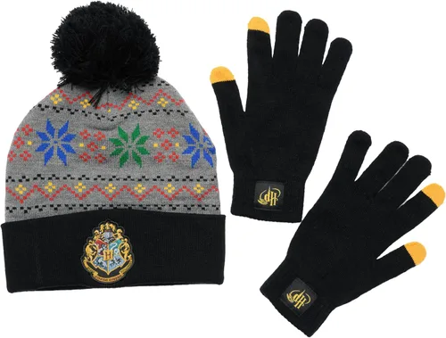 Vista 2 de Harry Potter Hogwarts - Gorro de punto y guante de texto, unisex, para hombre y mujer, Hogwarts