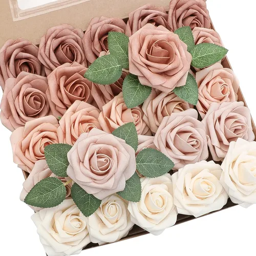 Vista 7 de Floroom Flores artificiales, 25 piezas de rosas falsas de espuma de color verde azulado de aspecto real con tallos para bricolaje, ramos de boda