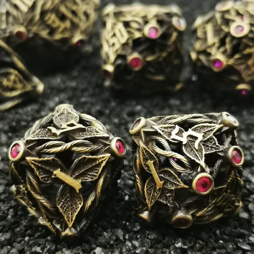 Vista 7 de Juego de dados de metal con hojas de vid mágicas huecas, juego de 7 dados para juegos de rol, dados de D&D Dungeons and Dragons