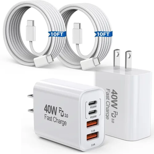 Vista 9 de 2 unidades de cable trenzado iPhone 17/16/15 Pro Max USB C a C, cargador Apple tipo C de 40 W PD de 4 puertos con enchufe de pared y cable trenzado