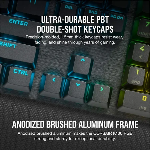 Vista 7 de Corsair Teclado mecánico óptico K100 RGB para juegos - Corsair OPX RGB - Teclas ópticas y mecánicas - Tecnología AXON de hiperprocesamiento para un