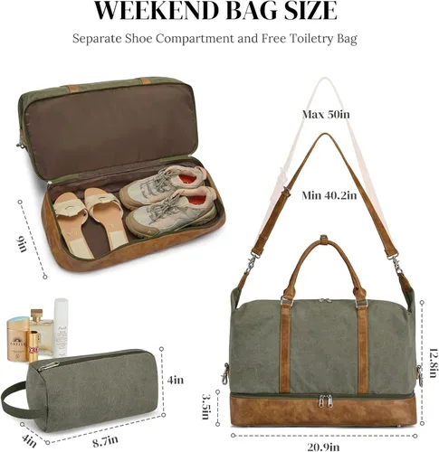 Vista 3 de S-ZONE Bolsas de fin de semana para mujeres y hombres, bolsas de lona de viaje con compartimento para zapatos, bolsa de lona de mano para pernoctar