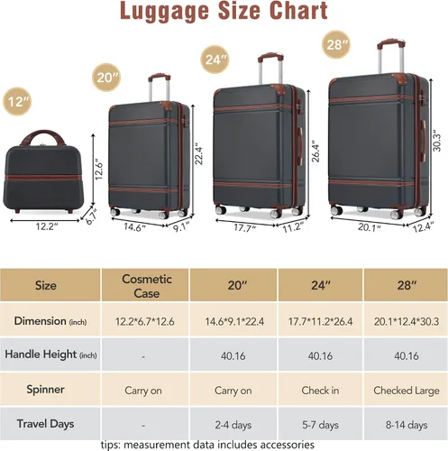 Vista 175 de Merax Equipaje, maleta extensible rígida con ruedas giratorias ligeras, Negro -, 40/48/52
