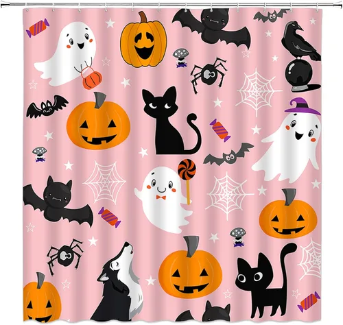 Vista 2 de Cortina de ducha de Halloween de dibujos animados, lindo fantasma, murciélago, gato negro, calabaza, telaraña, espeluznante, terror, divertido, Rosa