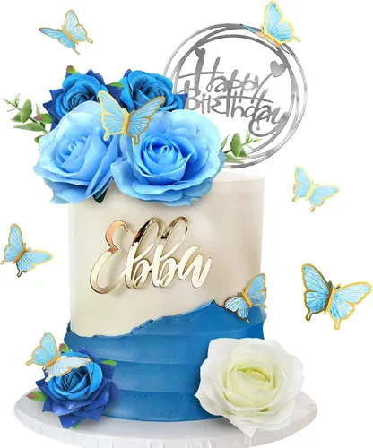 Vista 6 de 19 piezas de decoración de mariposa para pasteles, decoración de feliz cumpleaños con rosas artificiales azules, mariposas de eucalipto, suministros