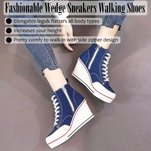 Vista 3 de Mei MACLEOD Tenis de tacón alto para mujer, zapatos de tacón de cuña con cremallera lateral, zapatos de lona casuales con cordones para estudiantes