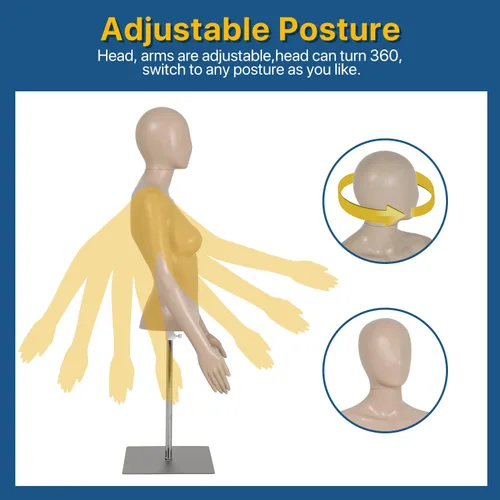 Vista 3 de Maniquí de forma de vestido femenino de la naturaleza, altura ajustable de 39-56 pulgadas, brazos desmontables, base de metal