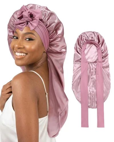 Vista 15 de AWAYTR Gorro largo de satén para mujer, gorro de seda elástica de doble capa para trenzas, gorro de dormir con banda de amarre (negro)
