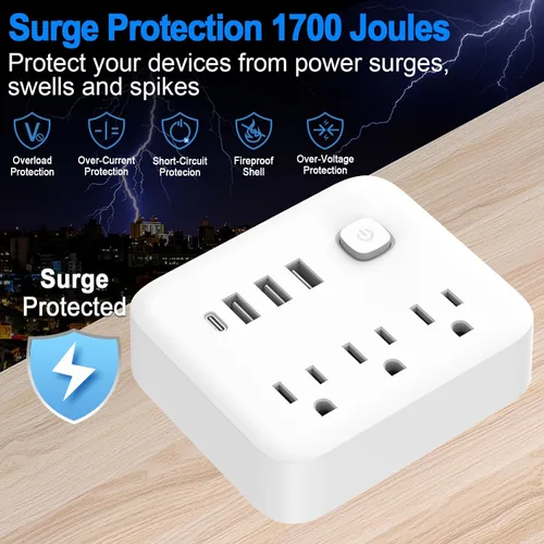 Vista 6 de FXZ Regleta de conversión de regleta de alimentación con 3 tomas amplias y puerto 3USB-A y 1USB-C, 1875 W/15 A, protección contra sobrecarga