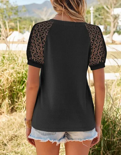 Vista 4 de MEROKEETY - Blusa de manga corta con cuello en V y encaje, de verano, para mujer