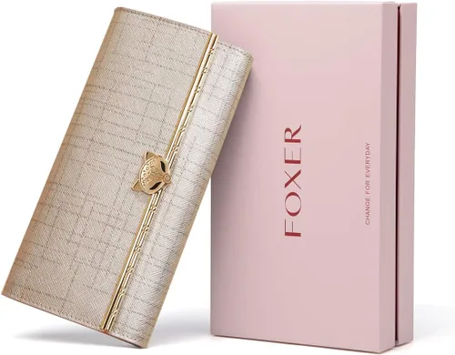 Vista 4 de FOXER Carteras de cuero para mujer, cartera triple para tarjetas, carteras grandes, 01 Dorado, Casual