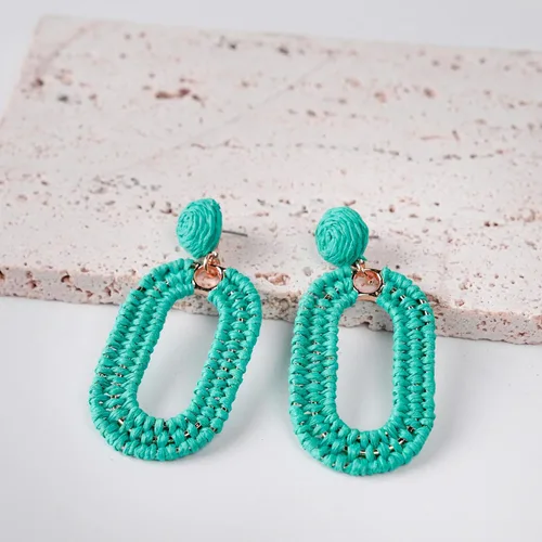 Vista 5 de SELFWIMG Pendientes de rafia llamativos aretes bohemios geométricos ovalados para playa de verano