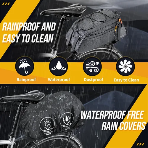Vista 4 de WOTOW Bolsa impermeable para portabicicletas – Bolsa de maletero de bicicleta de gran capacidad de 10 L, alforjas reflectantes para sillín