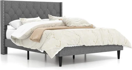 Vista 9 de Giantex Base de cama tapizada de tela de lino de tamaño matrimonial, marco de cama moderno con cabecera capitoné con botones, base de colchón
