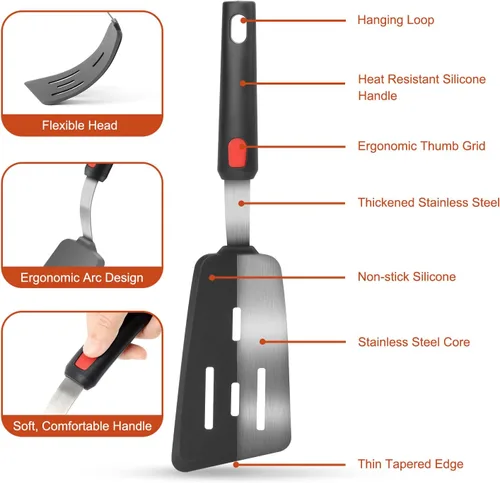 Vista 8 de Hotec Espátula de silicona flexible, espátula y pinzas de barbacoa de 16 pulgadas para cocinar